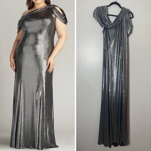 TADASHI SHOJI DRESS XL SILVER FALL WEDDING GUEST MOB GOWN LONG FORMAL METALLIC